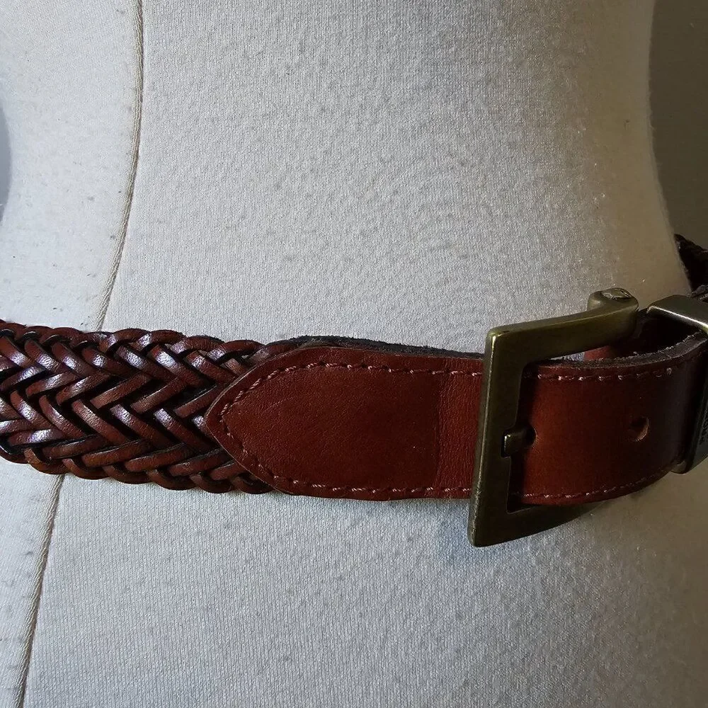 EUC VINTAGE DKNY 103065 BROWN GENUINE LEATHER BRAIDED STAMPED BRASS BELT L WMNS
